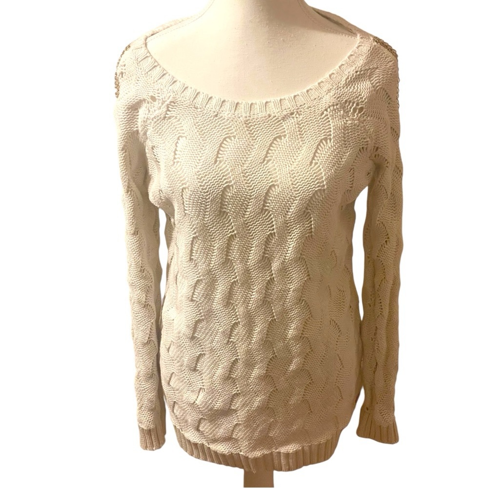 Guess Los Angeles White Knit Sweater with Gold Chain Detail Womens Medium Cream
